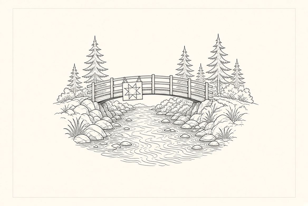 Illustration of a wooden bridge over a river