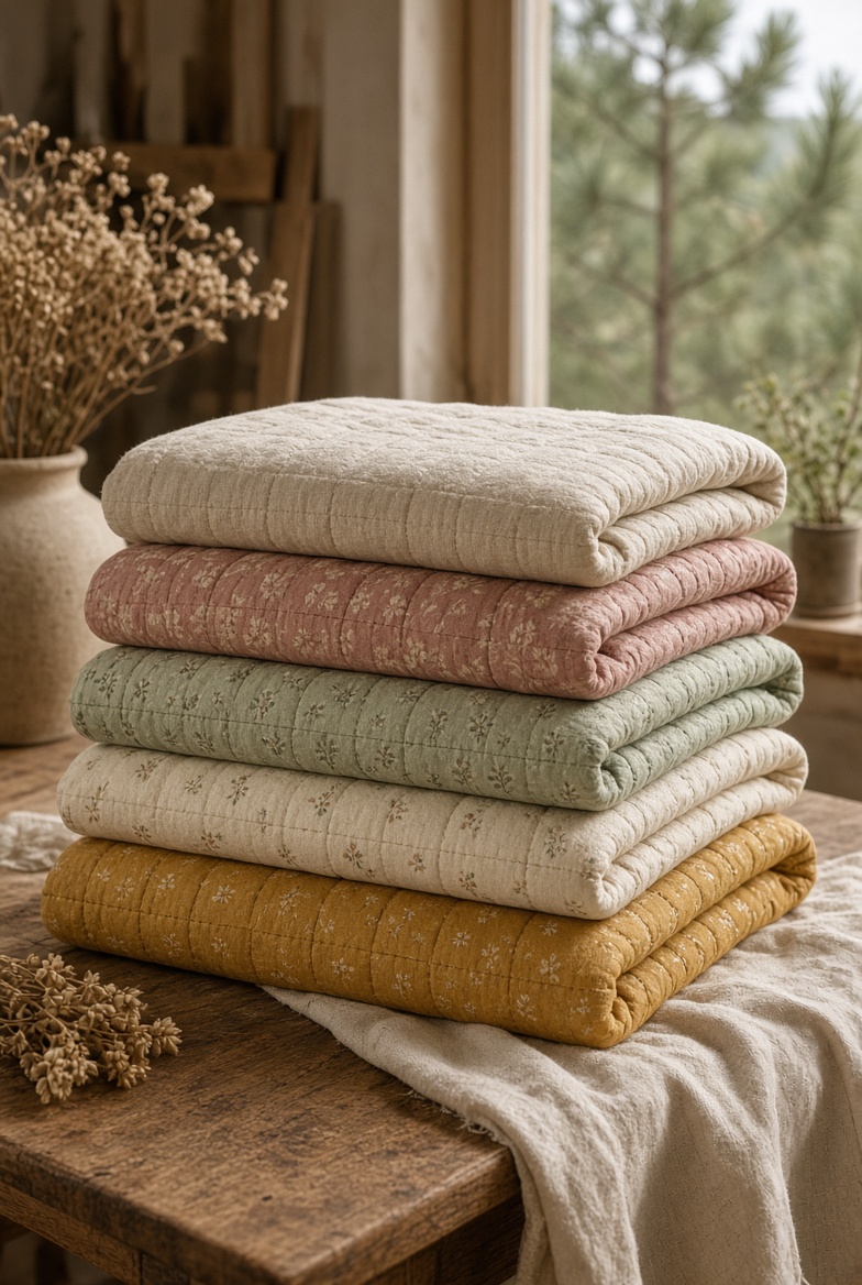 A stack of finished quilts